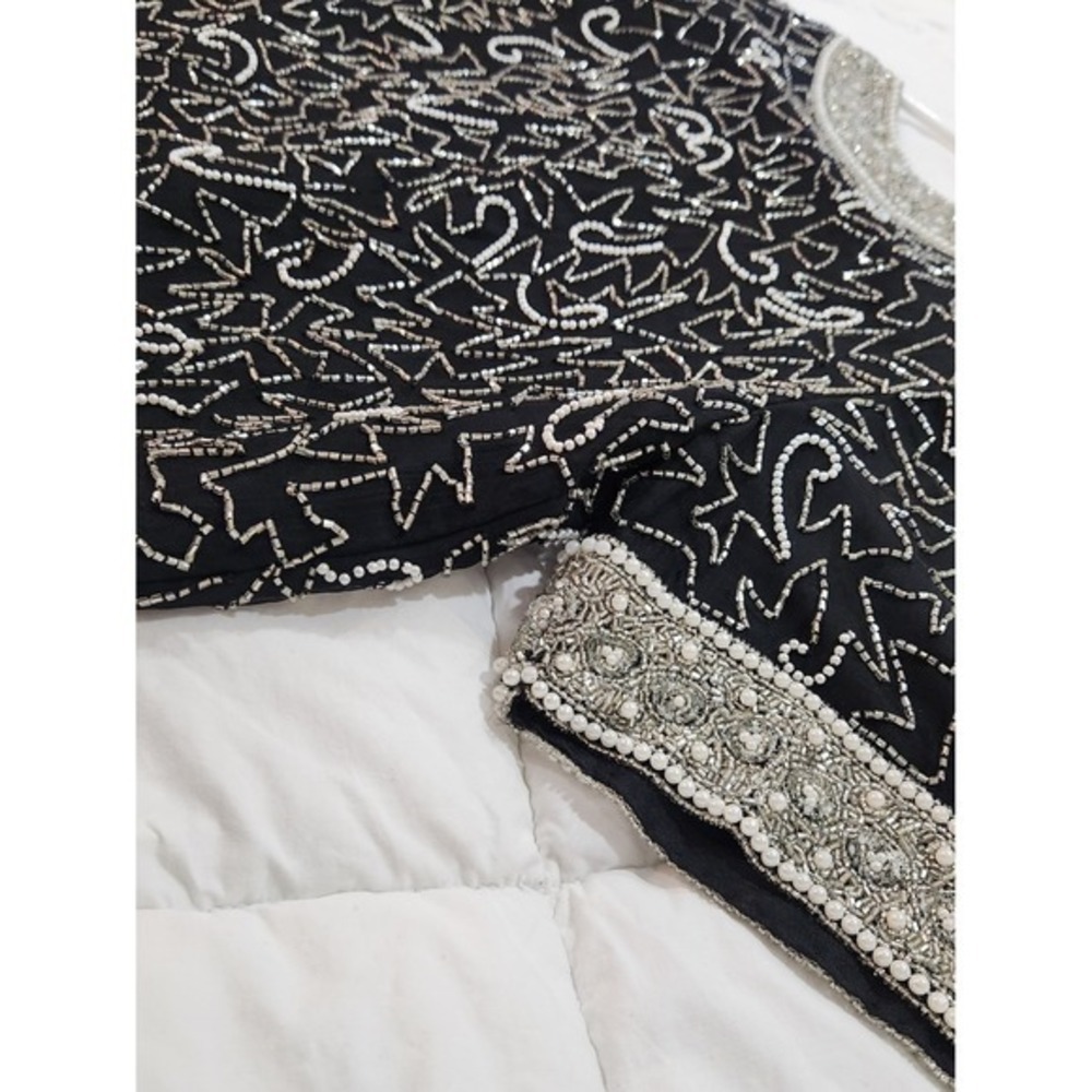 Laurence Kazar Beaded Pearls Evening Top 100% Silk Black White Size XL Tunic Vtg - Picture 4 of 11